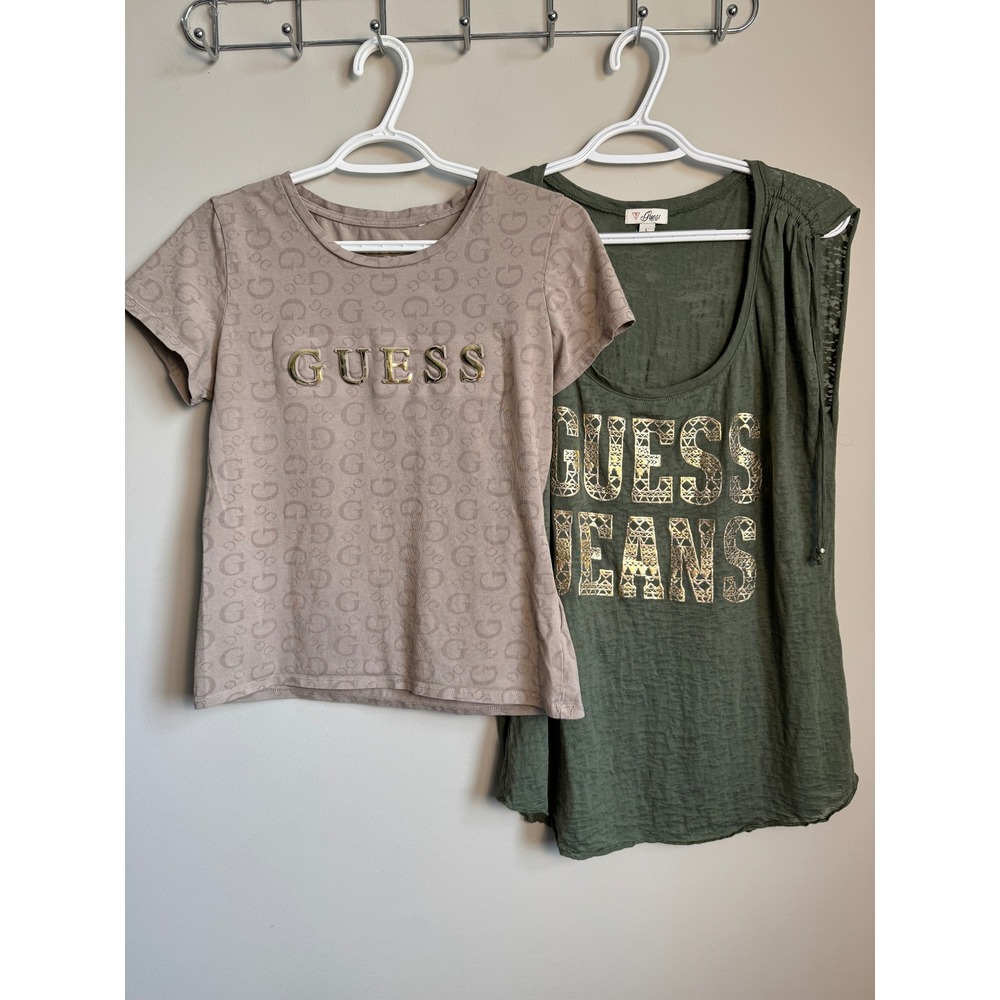 Guess‎ Jeans Womens Tops Lot of 2 Graphic Tee Sleeveless Tank Olive Taupe Size L